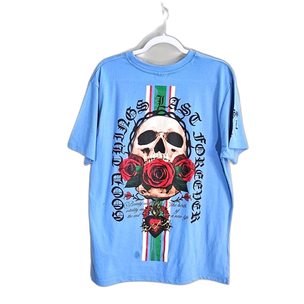 B0061 GTL4 Good Things Last Forever Skull Roses Graphic T-Shirt Light Blue Mens